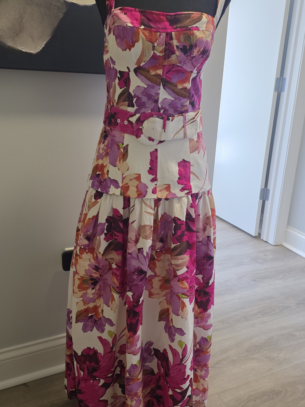 NICHOLAS Floral Strapless Maxi Dress in Fuchsia and Cream